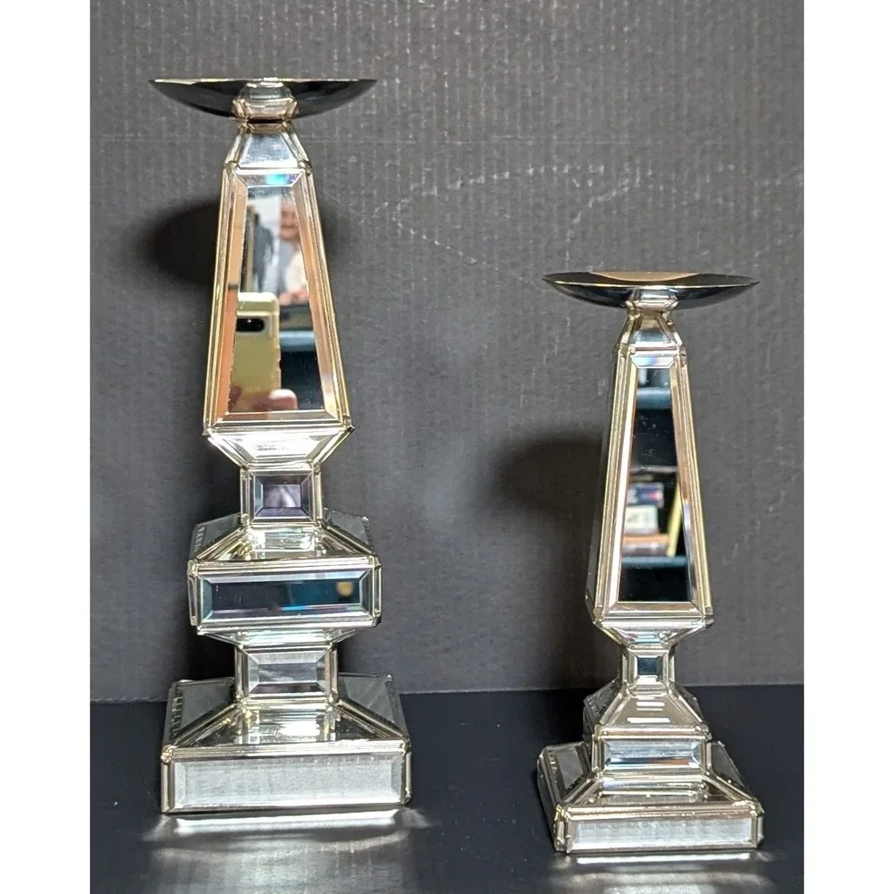 Pier One Silver Mirrored Geometrically Stacked Candlesticks Felt Bottom Set of 2